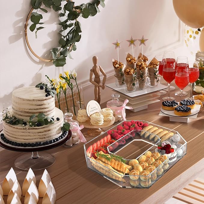 11" Acrylic Number Charcuterie Tray, Fillable Number Charcuterie Box for Food, Reusable Serving Cake Candy Dish Display Tray for Birthday Anniversary Party Decoration (Square Number 0)