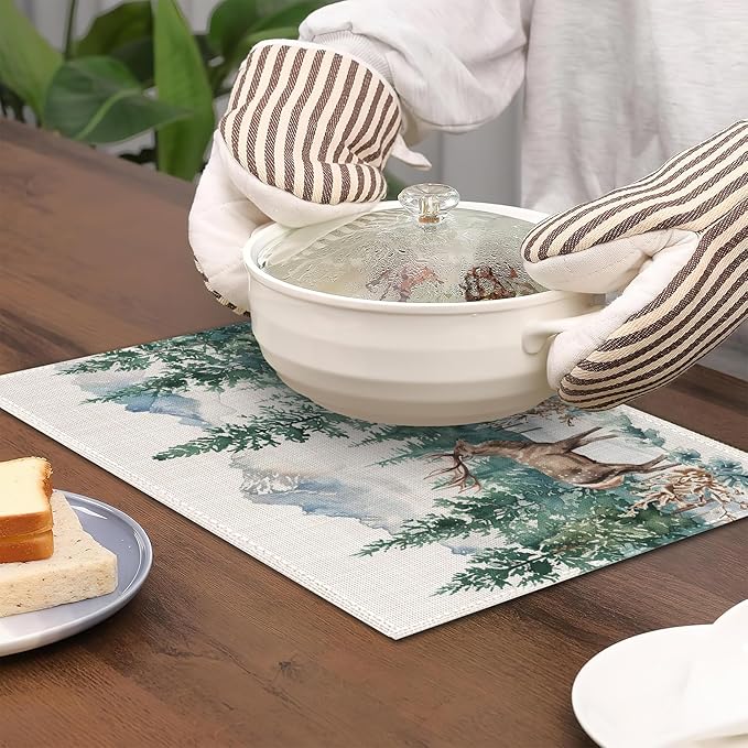 6 Pcs Placemats,Forest Mountain Placemats,Deer Trees Table Mats Washable Recyclable Table Placemat for Indoor Outdoor Heat Resistant Kitchen Dining 12"x18"