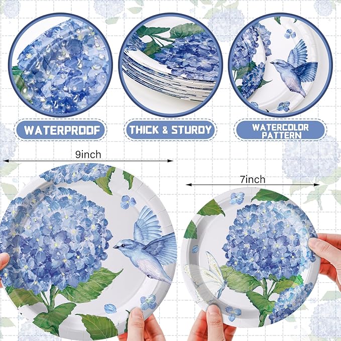 48 Pcs Hydrangea Paper Plates Set 9" 7" Summer Watercolor Disposable Plates Decorative Dinner Birthday Party Tableware for Baby Shower Party Supplies