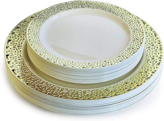 OCCASIONS 240 Plates Pack,(120 Guests) Heavyweight Premium Wedding Party Disposable Plastic Plates Set -120 x 10.25'' Dinner + 120 x 7.5'' Salad/Dessert (Florence Ivory/Gold)