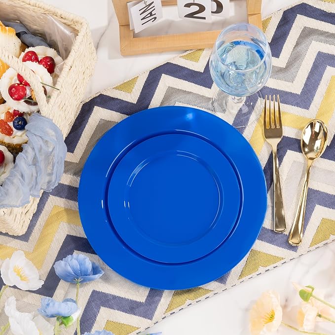 I00000 102 Pcs Plastic Plates, Plates Disposable Blue Party Plates Include 51 Blue Dinner Plate 10’’ and 51 Plastic Dessert Plate 7’’ Perfect for Wedding, Party
