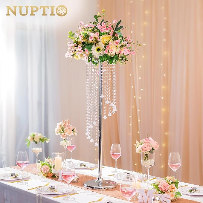 Nuptio 2 Pcs 35.4inch Tall Wedding Centerpieces Silver Vases Crystal Flower Vase Metal Flowers Stand for Party Tables Decorations - Elegant Bulk Weddings Decoration Table Chandelier Centerpiece stands