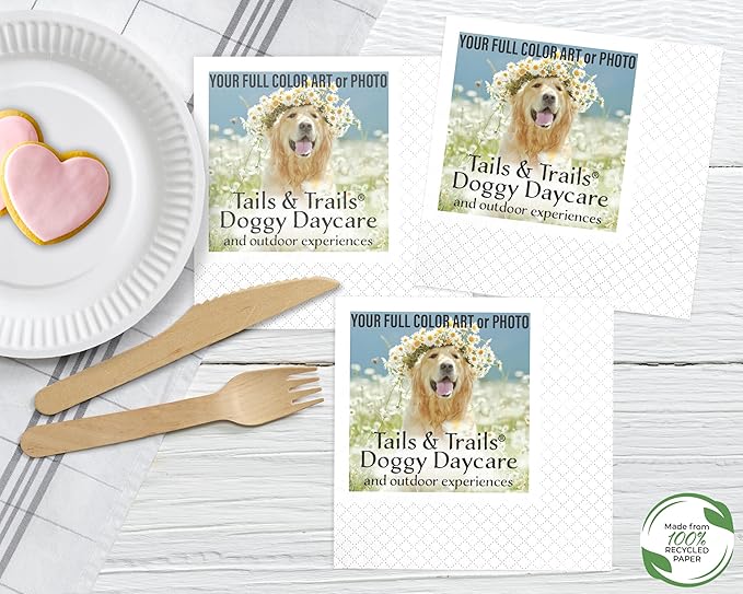 100% Recycled Custom Cocktail Napkins - Personalized 100% Recycled Napkins - Eco-friendly & Full-Color Digital Printed - Weddings, Events & Celebrations - Pack of 50 - Diamond Edge Embossed, 5"x 5"