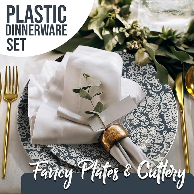 Trendables Fancy Plastic Dinnerware Sets 100 Pc 20 Guests Gold Silverware Disposable 20 X 10 Inch Charger Plates 20 X 8 Inch Dessert Plates 20 x Gold Plastic Forks and Spoons Knives In Garden Damask