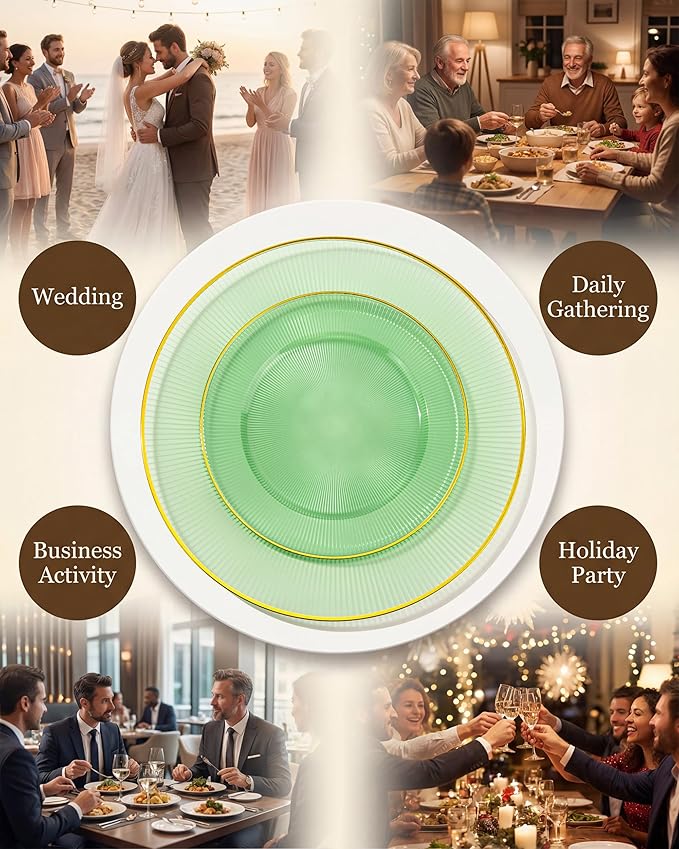 Hioasis 60pcs Green and Gold Plastic Plates - Green Disposable Dinnerware Set, 30pcs Dinner 10.25in & 30pcs Dessert 7.5in Plates with Striped Designs for Party & St. Patrick's Day