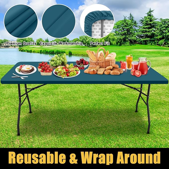 Smiry Rectangle Picnic Table Cloth, Waterproof Elastic Fitted Tablecloths for 8 Foot Tables, Washable Polyester Table Cover for Camping, Indoor and Outdoor (Peacock Blue, 30"x96")