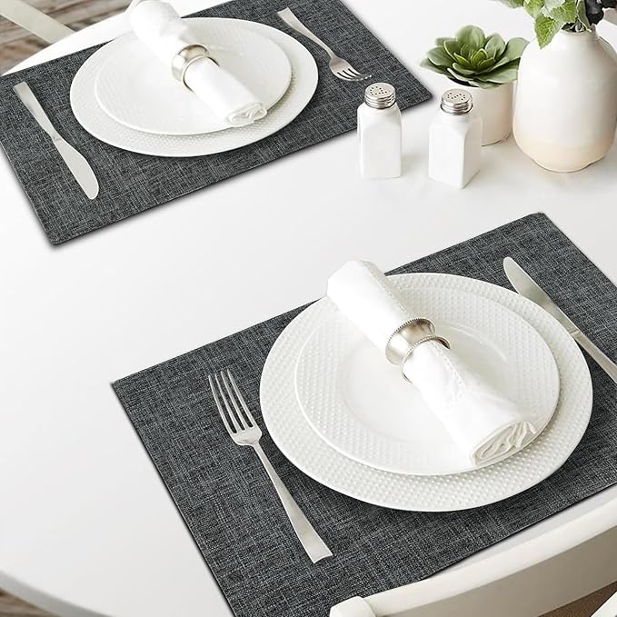 Cloth Placemats Set of 8, Linen Type Fabric Placemats Black Table Mat Set of 8, Machine Washable Rustic Place Mats Heat Resistant Placemats Thick Polyester Kitchen Place Mats for Dining Table