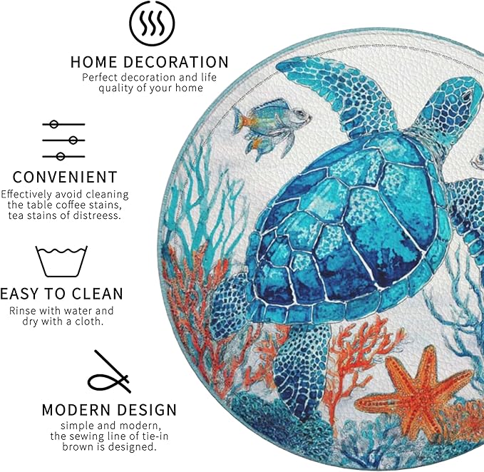 Sea Coasters Leather Round Drink Coasters 6 Pcs Set with Holderor for Cup Drink Coffee Table Bar Home Decor