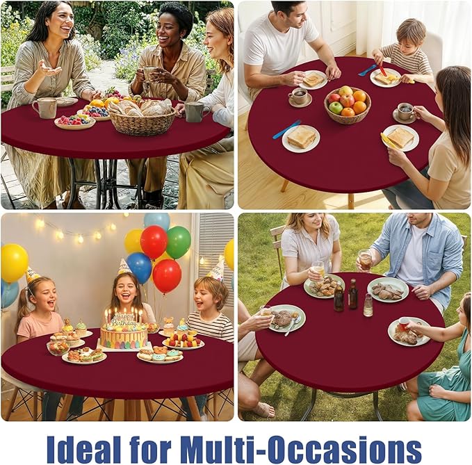 Round Spandex Tablecloth, Elastic Fitted Waterproof Tablecloths for 57"-68" Tables, Stretch Washable Picnic Table Cover for Camping, Dining, Indoor and Outdoor, Wine Red