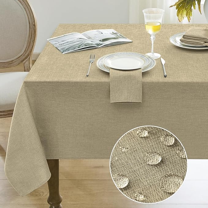 Softalker Lang Rectangular Table cloths 60 x 144 inch Khaki Faux Linen Tablecloth Outdoor Waterproof Stain and Wrinkle Resistant Table Cover for 6/8/10 foot Rectangle Large Tables for Party Graduation