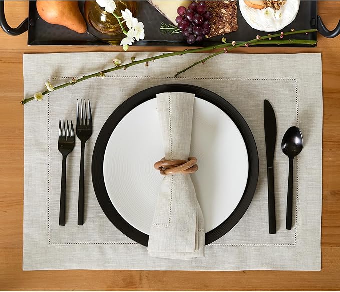 Solino Home Light Natural Linen Napkins Set of 4-100% Pure Linen Hemstitch Dinner Napkins 20 x 20 Inch for Spring, Easter - Classic Hemstitch