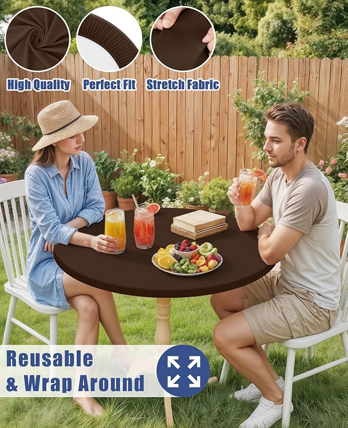 Round Spandex Tablecloth 2 Pack, Elastic Fitted Waterproof Tablecloths for 45"-56" Tables, Stretch Washable Picnic Table Cover for Camping, Dining, Indoor and Outdoor, Coffee