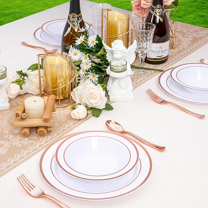 50pc Deep Bowl With White ground And Double Rose Gold Edges, 12oz,Disposable Soup Bowls,Disposable Soup Dessert Salad Bowls for Wedding/Party/Catered Events/Valentine's Day