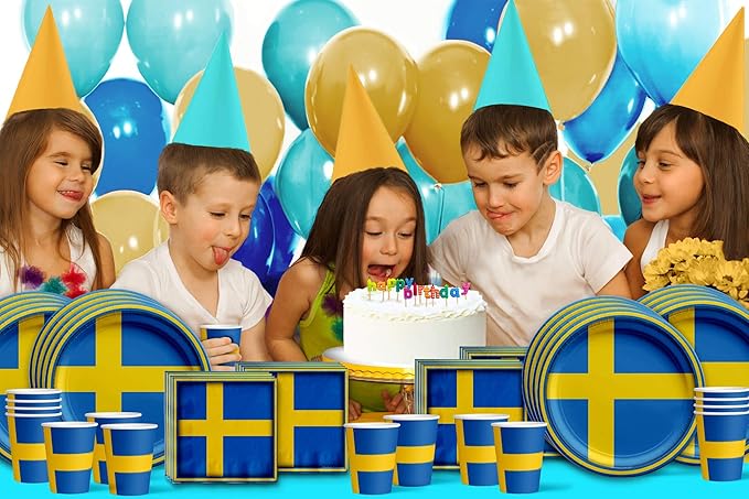 Swedish Flag Birthday Party Supplies Set Plates Napkins Cups Tableware Kit for 16