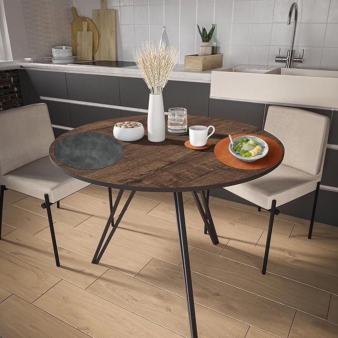 Round Placemats and Coasters Set of 6, Washable Reversible Faux Leather Placemats Cowhide Pattern Place Mats Wipeable Non-Slip 15 inch Round Kitchen Dining Table Mats (Gray Brown, 6)