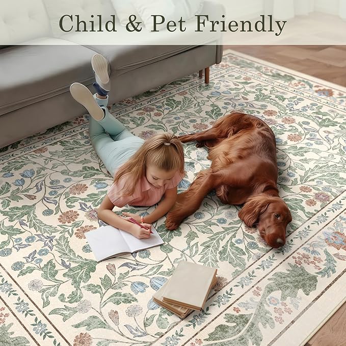 Beige Floral 5x7 Area Rugs for Living Room Large Washable Rug Vintage Forest Low Pile Non Slip Stain Resistance Soft Carpet for Dining Room, Bedroom, Office Rug, Kids Room, Nursery Room, Playroom