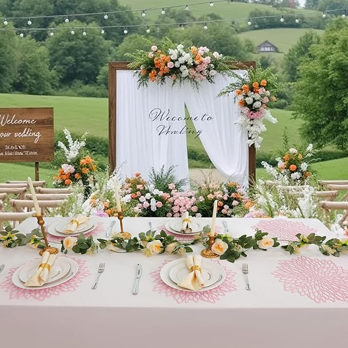 Snowkingdom Pink Placemats Set of 8, Round Vinyl Pink Flower Place Mats 15 Inch Fancy Dinning Floral Table Mats for Wedding Birthday Baby Shower Easter Halloween Christmas Holiday Party Decoration