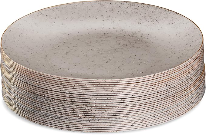 PLASTICPRO 30 Pack Disposable Plastic Plates Heavyweight Granite Look Elegant 9 inch Dinner Plates Grey with Gold Rim