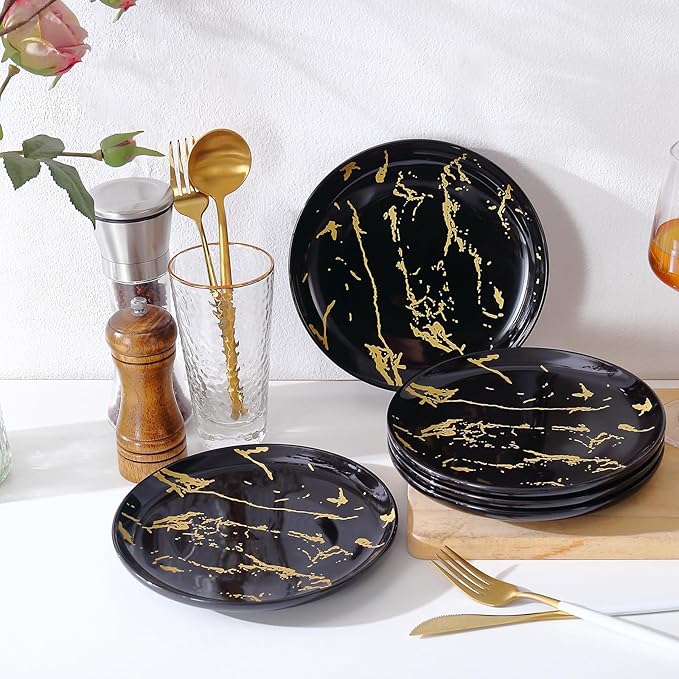 6-Piece Dinner Plate Set, 10-Inch Black Marble Ceramic Plates with Gold Rim, Oven & Microwave Safe, Elegant Appetizer Salad Dessert Plates for Modern Dining, Dishwasher Safe.