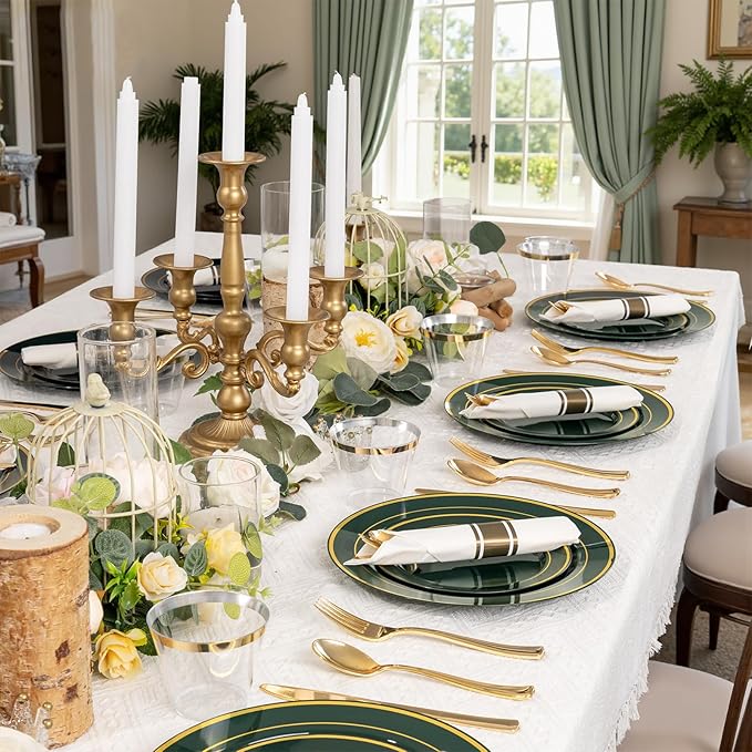 175PCS Green Plastic Plates - Green and Gold Disposable Plates 25Guests Plastic Plates with Rolled Napkins for Birthday/St. Patrick's Day