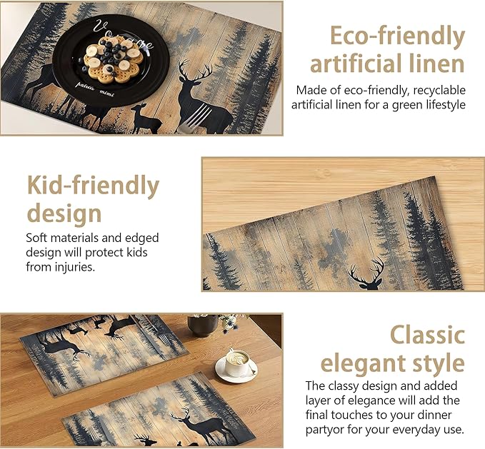 Rustic Deer Forest 12x18 Inch Placemats Set of 6 - Waterproof, Non-Slip & Washable Rustic Wildlife Moose Forest Animal Table Mats for Kitchen & Dining Table Placemats