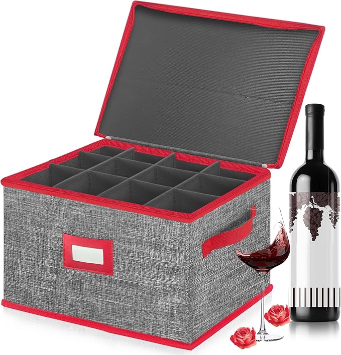 VERONLY Wine Glass Storage Box with Dividers, Stemware Storage Case Hard Shell Stackable for Up to 12 Glasses, Crystal Glassware Containers for Holidays (Grey and Red)