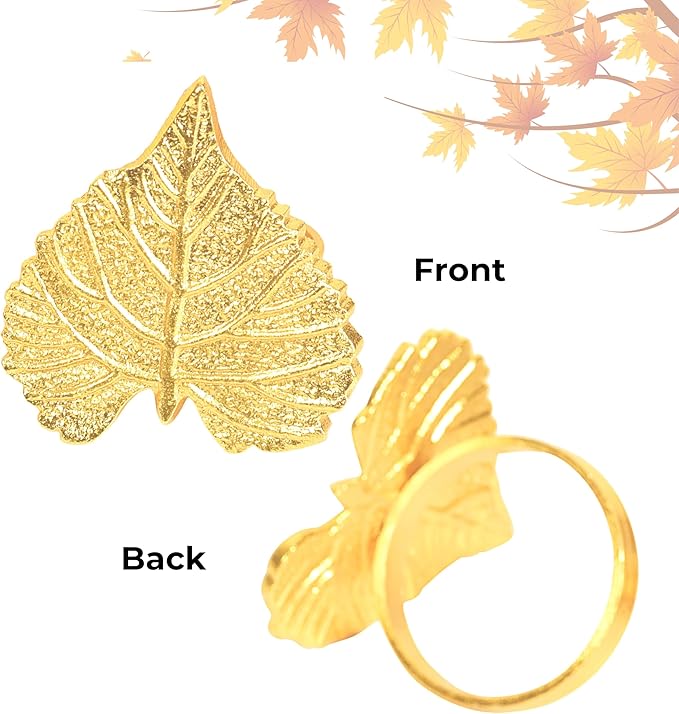 CLEENTABLE Elegant Handcrafted Leaf Napkin Rings - Set of 12 Premium Aluminum Holders for Dinner Parties, Weddings, Special Occasions & Everyday Dining (Gold)