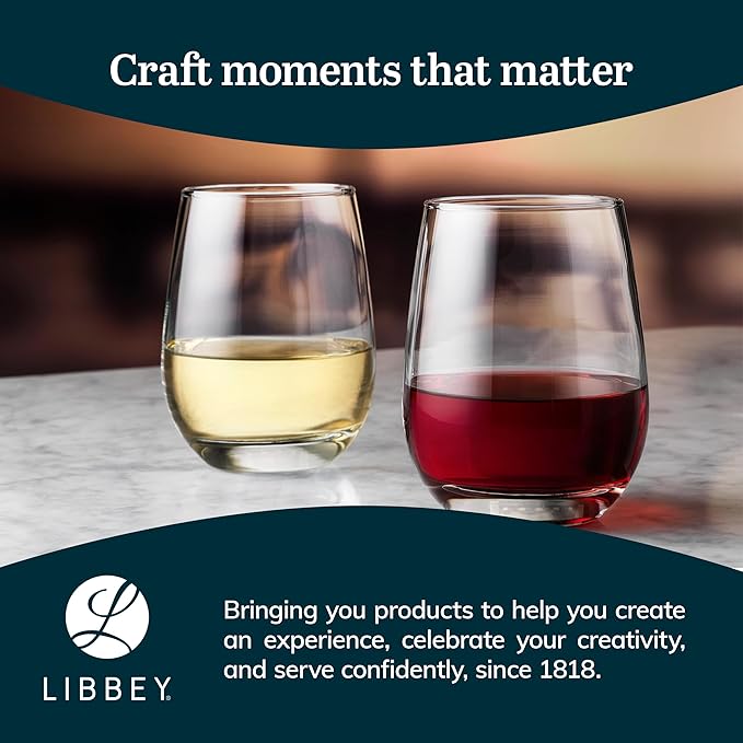 Libbey 231 Stemless Wine Glasses Set of 12, Clear, Restaurant Quality Red and White Wine Glasses, Drinking Glasses Set for Large Gatherings and Events
