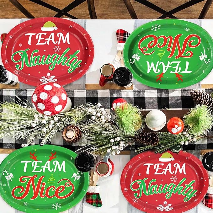 50Pcs Christmas Oval Paper Plates Team Naughty Team Nice Party Decorations 10" x 12" Large Disposable Heavy Duty 400GSM Red and Green Christmas Dinner Plates for Xmas Holiday Cocktail Party Supplies
