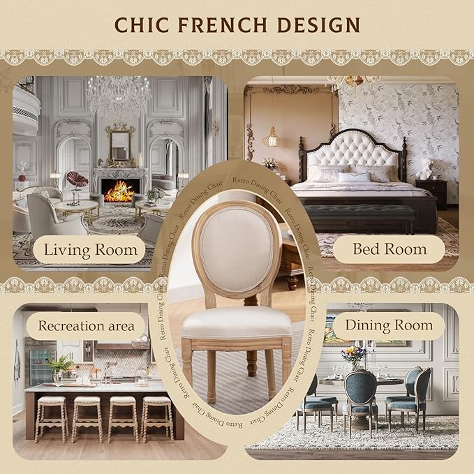 SoarFlash French Dining Chairs Set of 2, Vantage Dining Chair with Round Back, Wood Leg Farmhouse Country Dining Chair for Kitchen,Bedroom,Beige