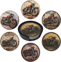 Retro Motorcycle Coasters for Drinks with Holder Round Leather Coasters Set of 6 Cups Mugs Mat Pad for Home Kitchen Bar