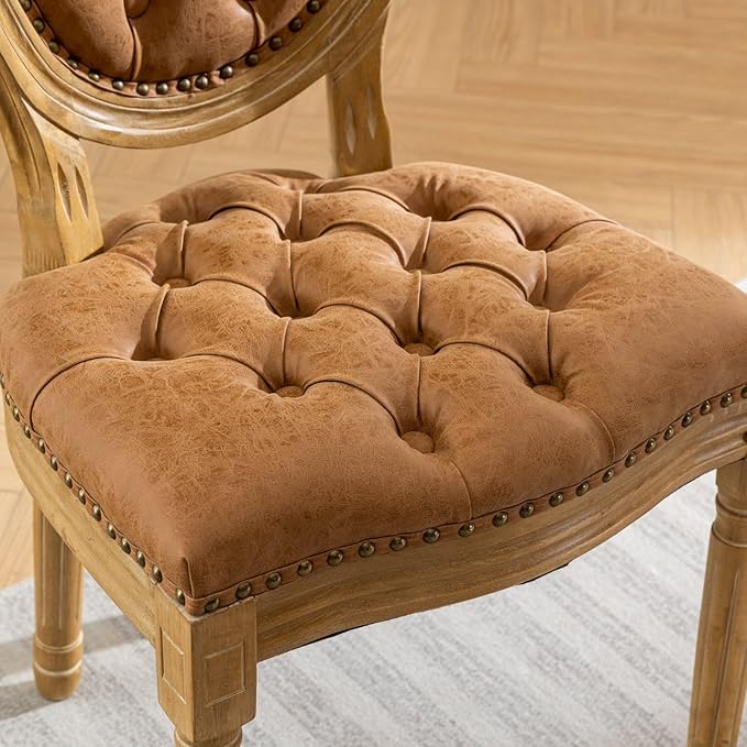 Ball & Cast French Vintage Upholstered Dining Chairs Set of 2, Button Tufted Kitchen Side-Chairs with Carved Antique Wood Frame & Nailhead Trims, PU-Leather Curved Backrest Louis Chair, PU Orange