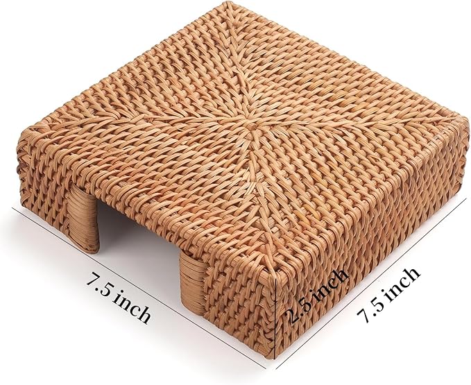 Rattan Napkin Holder Square, Wicker Napkin Basket for Kitchen, Flat Napkin Holders for Paper Napkins, Woven Luncheon Napkin Holder for Table (7.5 x 7.5 x 2.5 inch)