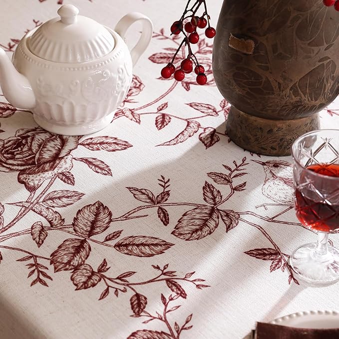 ISAENNE Designer Vintage Linen Extra Long Rectangle Tablecloth,Red Floral Pattern Linen Stain Resistant Table Cloth,Decor Tablecloths for Dining Thanksgiving Kitchen Party,67"*118"-Harmony