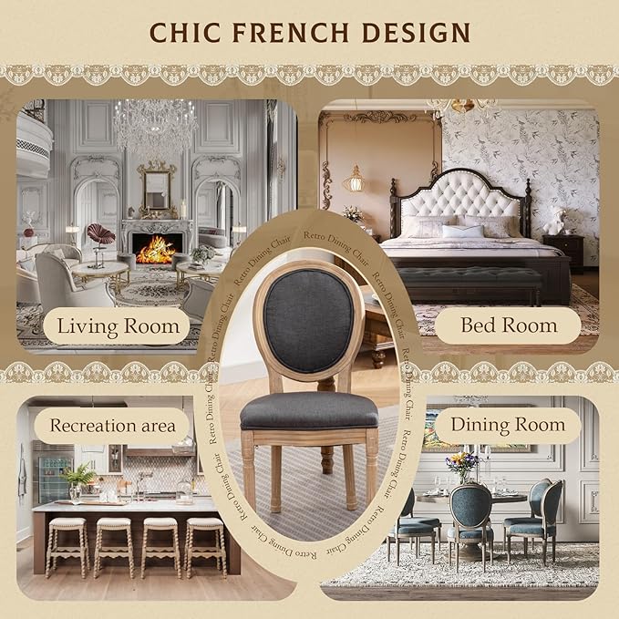 SoarFlash French Dining Chairs Set of 4, Vantage Dining Chair with Round Back, Farmhouse Country Dining Chair for Kitchen,Bedroom,Deep Grey