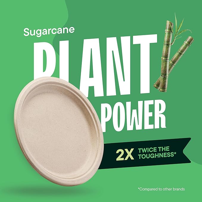 Paper Plates, 100% Compostable Heavy Duty Disposable 10 Inch Plate - [125-Pack] Eco-Friendly, Biodegradable Bagasse - (PFAS-Free) - (BPI Certified)
