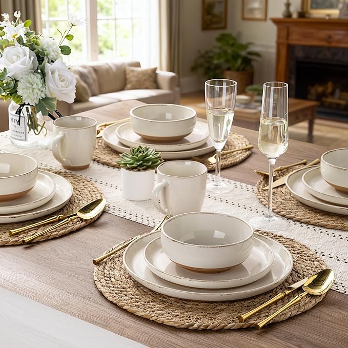 AmorArc Ceramic Dinnerware Sets with Pasta Bowls for 8, Handpainted Plates and Bowls Set with Rustic Terracotta Underside, Scratch Resistant Dishes Set, Dishwasher & Microwave Safe, 32 Pcs
