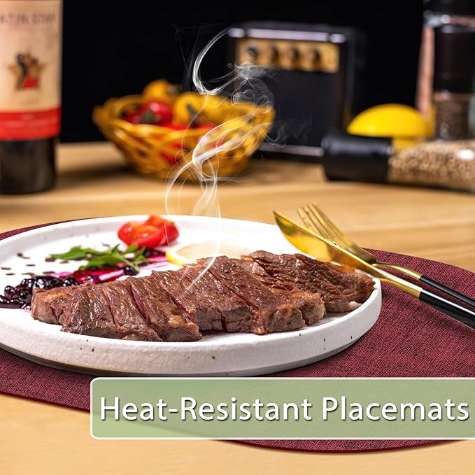 Placemats for Dining Table Set of 8 Non-Slip, Heat Resistant Oval Leather Placemat Double Layer, Waterproof Table Mats Easy to Clean for Kitchen Dining Room Coffee Office Table, Wine Red