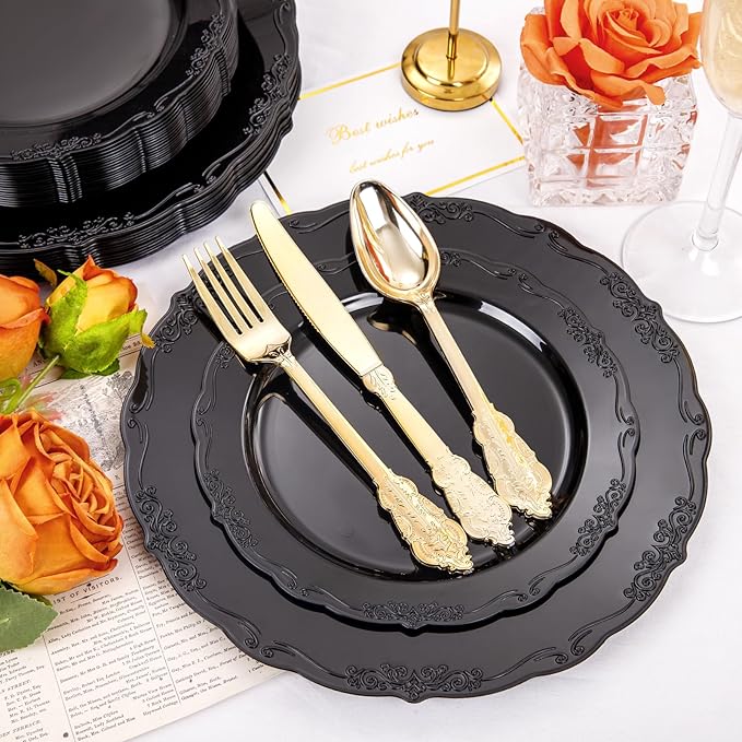 DaYammi 150Pcs Black Plastic Plates & Gold Plastic Silverware,Black Disposable Plates Set Include 30 Dinner Plate, 30 Dessert Plate,30 Golden Knives,30 Gold Forks,30 Golden Spoons for Party Wedding