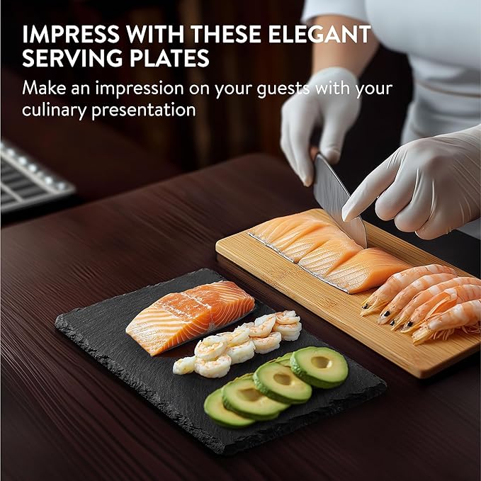Navaris Slate Plates - Food Contact Safe Black Stone Plates - Cheese Platter Charcuterie Boards Serving Plates - Stone Slab Plate Cheese Board - Set of 6-9.1 x 5.9 (23 x 15cm)