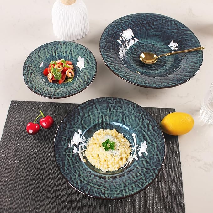 Ceramic Pasta Bowls, 12 oz Pasta Plates, Reactive Glaze Pasta Bowl Set of 4, Large Wide Serving Bowls for Salad, Dessert, Fruit, Microwave & Dishwasher, Oven Safe
