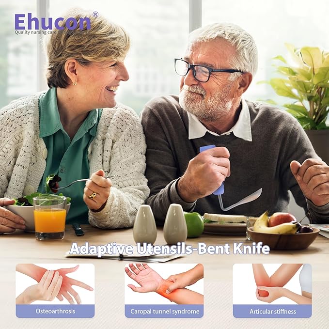 Adaptive Utensils Angled Knife and Fork for Hand Tremors Parkinsons,Weighted Utensils with Non-Slip Easy Grip Handles for Independent Eating (1pcs Bent Knife+1pcs Fork,Purple,Right Hand)