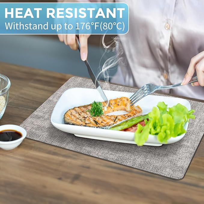 Placemats Set of 8 Washable, Heat Resistant Table Placemats Wipeable Faux Leather Place Mats Non Slip, Waterproof Square Table Mats for Indoor Outdoor, Light Grey
