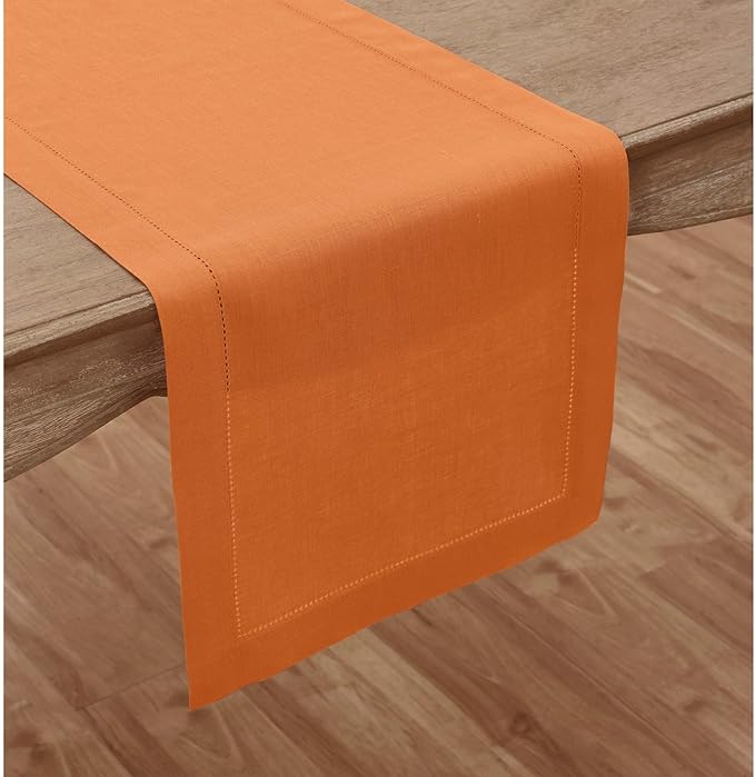 Solino Home Linen Pumpkin Hemstitch Table Runner 60 Inches - 100% Pure Linen Small Table Runner 14 x 60 Inch Ideal for Dresser and Coffee Tables - Classic Hemstitch