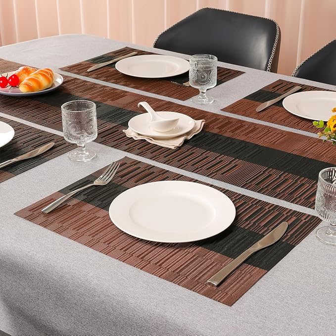 Placemats Set of 8, Vinyl Woven Place Mats Indoor Set of 8 Washable Wipeable PVC Table Mats Heat-Resistant Non Slip Plastic Placemat for Kitchen Dining Outdoor Table (Black Brown, Set of 8)