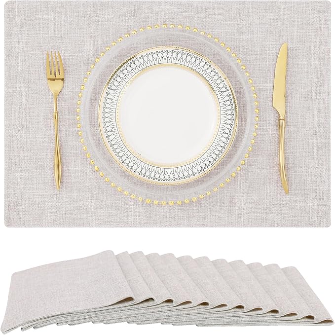 homing Cotton Linen Placemats Set of 12, Cloth Washable Farmhouse Dining Table Mats for Indoors & Outdoors, Easy to Clean, Neutral Beige, 13 x 19 Inch