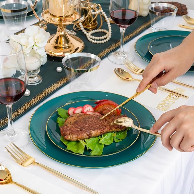 LUODA MirthMood 210pcs Green Plastic Plates,Disposable Green Gold Party Plates,Include 30 Dinner,Dessert Plate,30 Cup&30 Napkins, 90 Gold Silverware for Wedding & Party & Birthday（green）