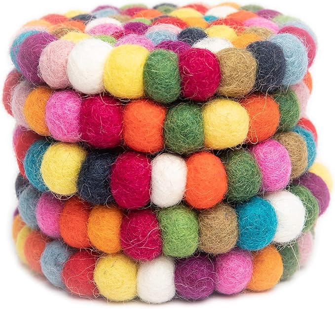 Round Felt Ball Coasters - 100% Merino Wool Table Coasters - Felt Coaster Pads, Absorbent Trivet for Drinks - Heat Resistant, Thick & Durable Hand Felted in Nepal by Woolygon- Multicolor - Set of 5