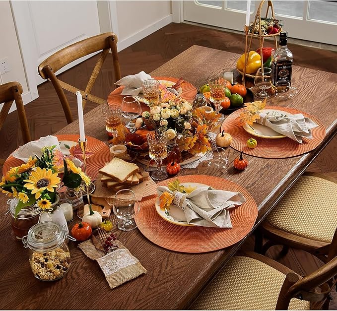 AHHFSMEI Round Braided Placemats 15 Inch Round Table Mats for Dining Tables Natural Woven Heat Resistant Place mats Set of 8 (Orange,8)