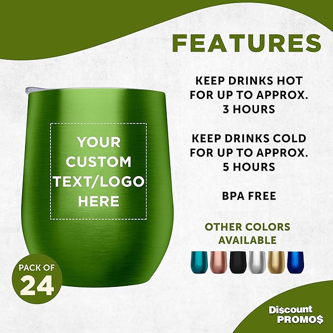 Custom Stemless Wine Glass Tumblers with Lids by Largo 11 oz. Set of 24, Personalized Bulk Pack - Perfect for Wine, Cocktails, Other Hot & Cold Beverages - Lime Green
